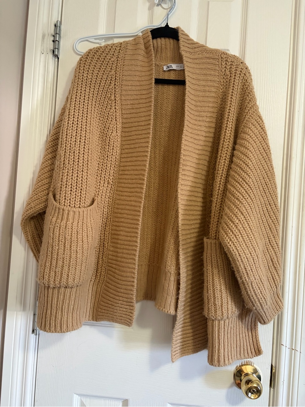 Zara Camel Chunky Knit Open-Front Cardigan with Pockets